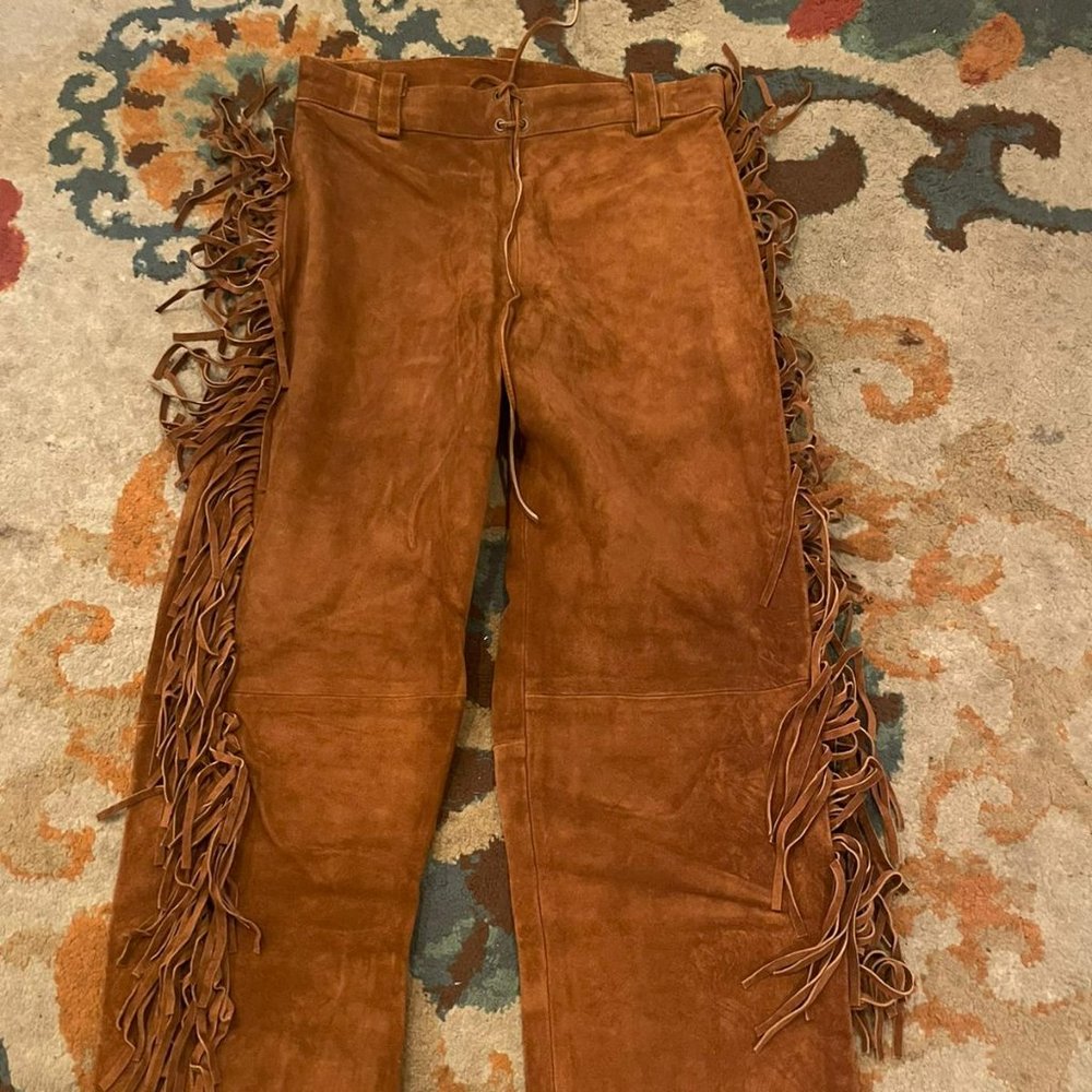Men's Leather Native American Suede Buckskin Pant Fringes Mountain Man Red India